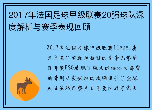 2017年法国足球甲级联赛20强球队深度解析与赛季表现回顾