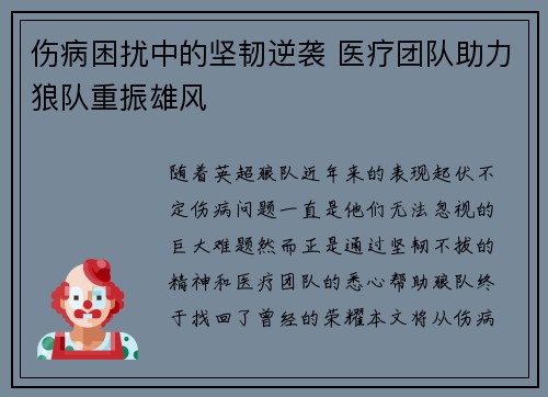 伤病困扰中的坚韧逆袭 医疗团队助力狼队重振雄风