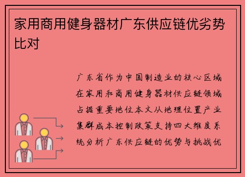 家用商用健身器材广东供应链优劣势比对