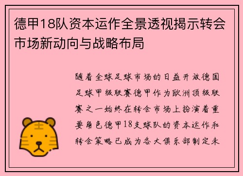 德甲18队资本运作全景透视揭示转会市场新动向与战略布局