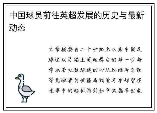 中国球员前往英超发展的历史与最新动态